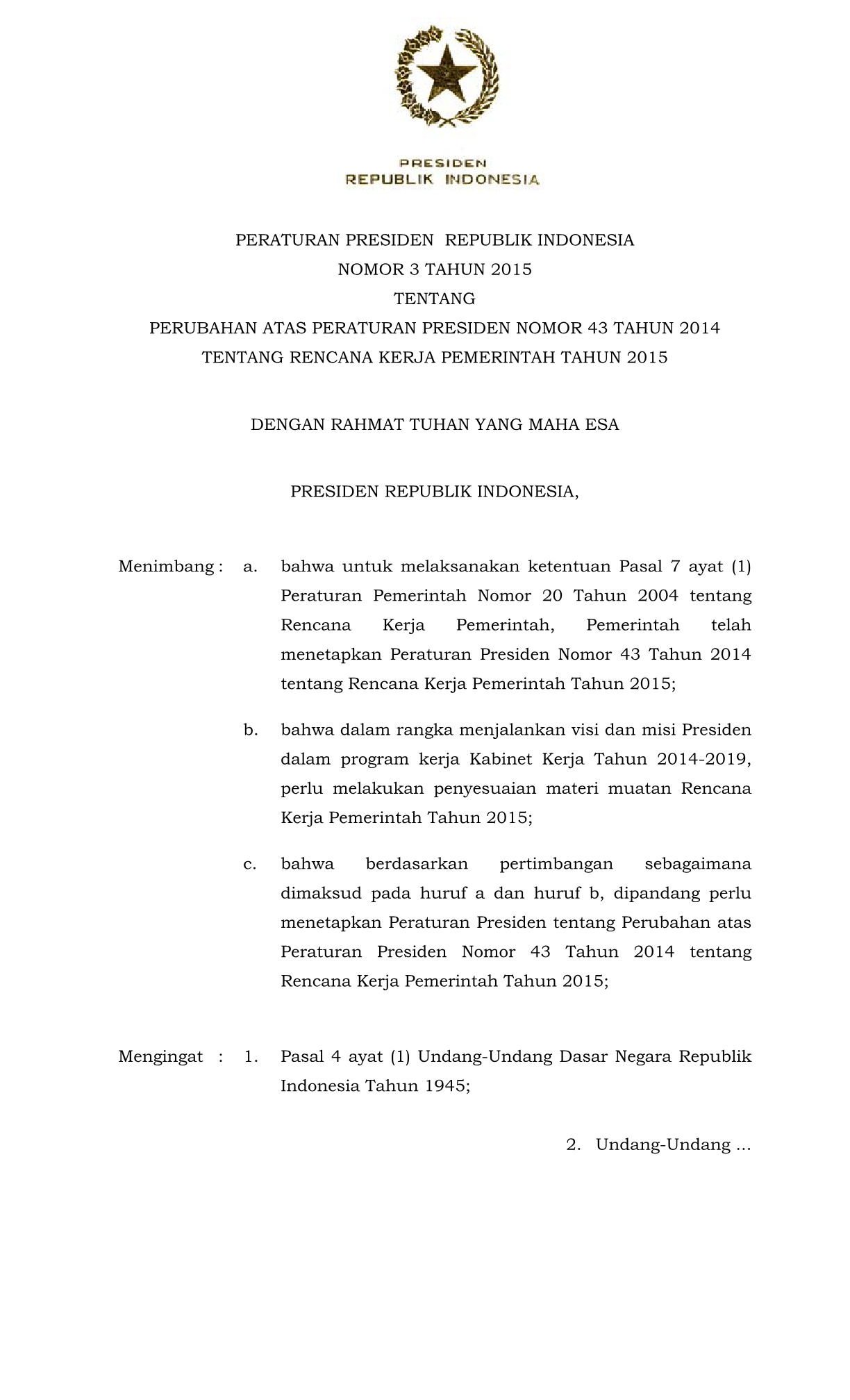 Peraturan Presiden Nomor 3 Tahun 2015