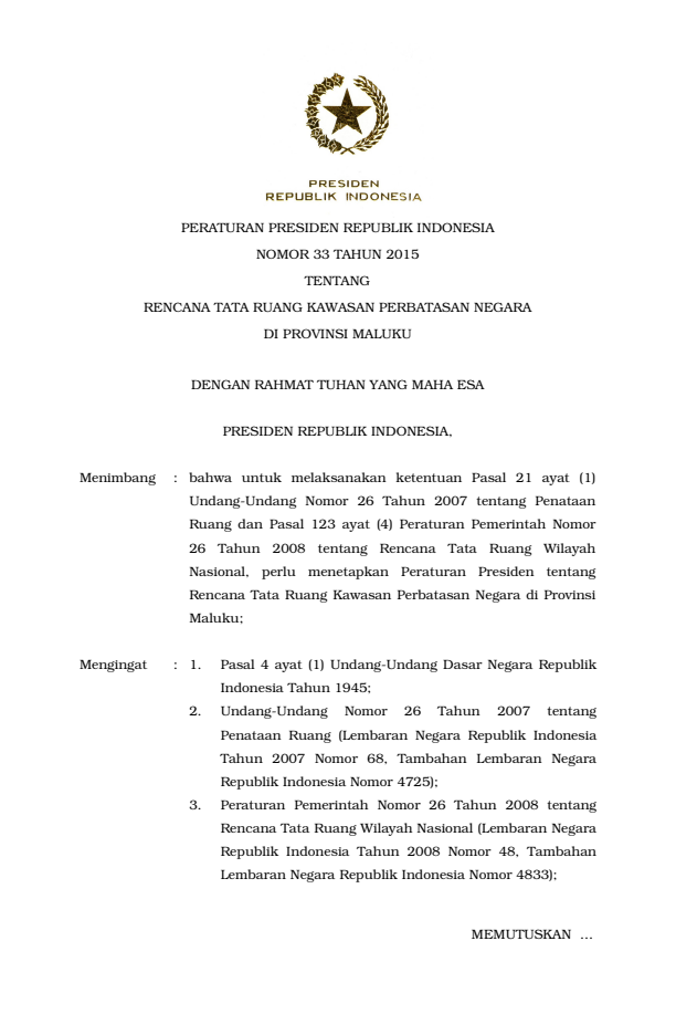 Peraturan Presiden Nomor 33 Tahun 2015