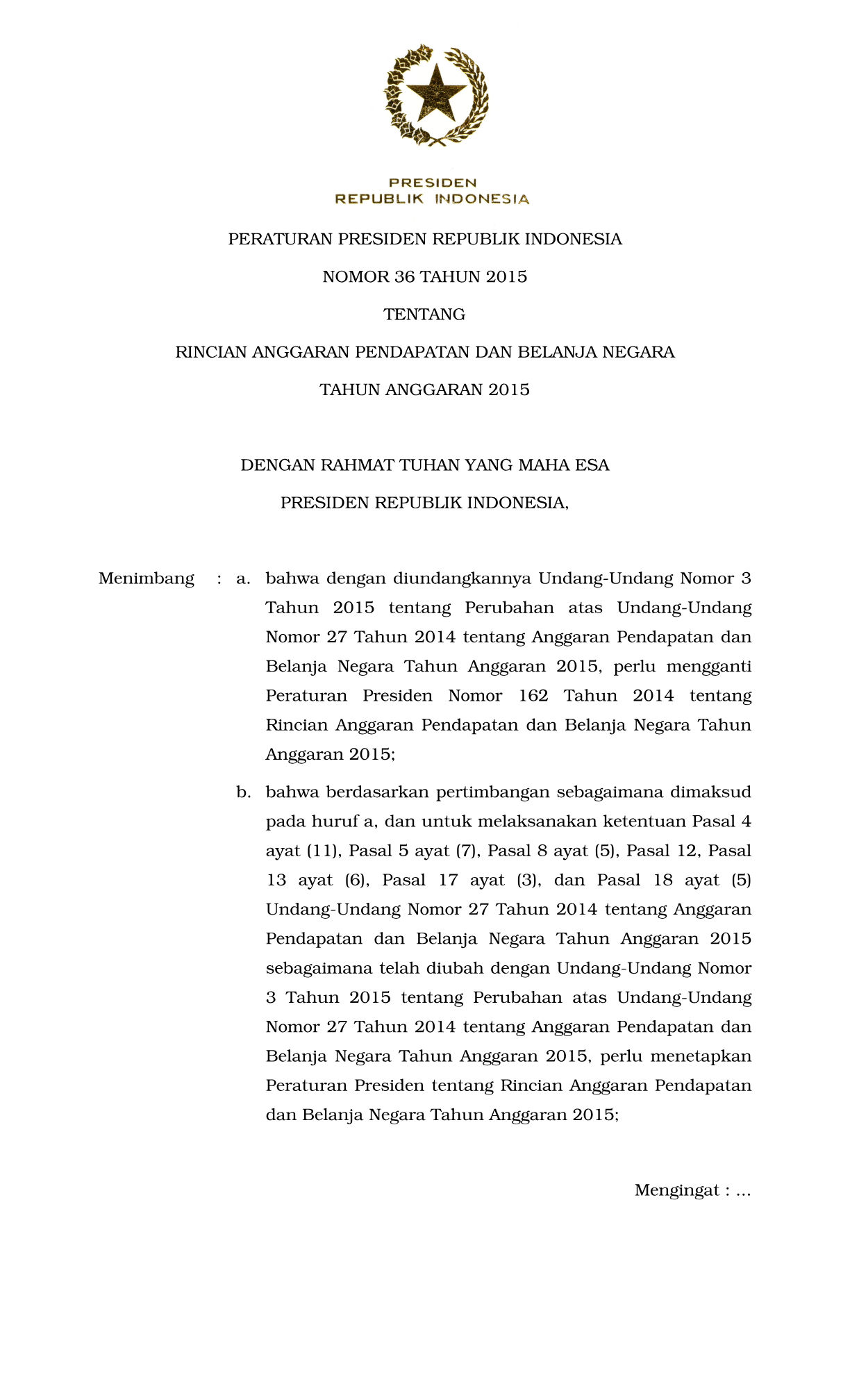 Peraturan Presiden Nomor 36 Tahun 2015