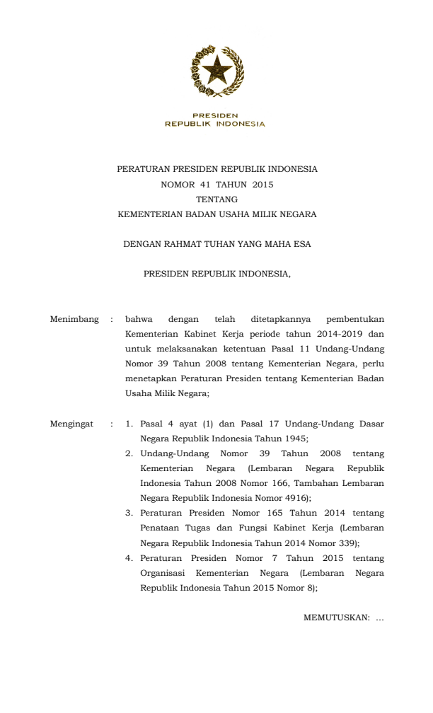 Peraturan Presiden Nomor 41 Tahun 2015