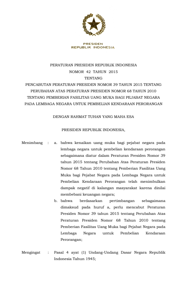 Peraturan Presiden Nomor 42 Tahun 2015