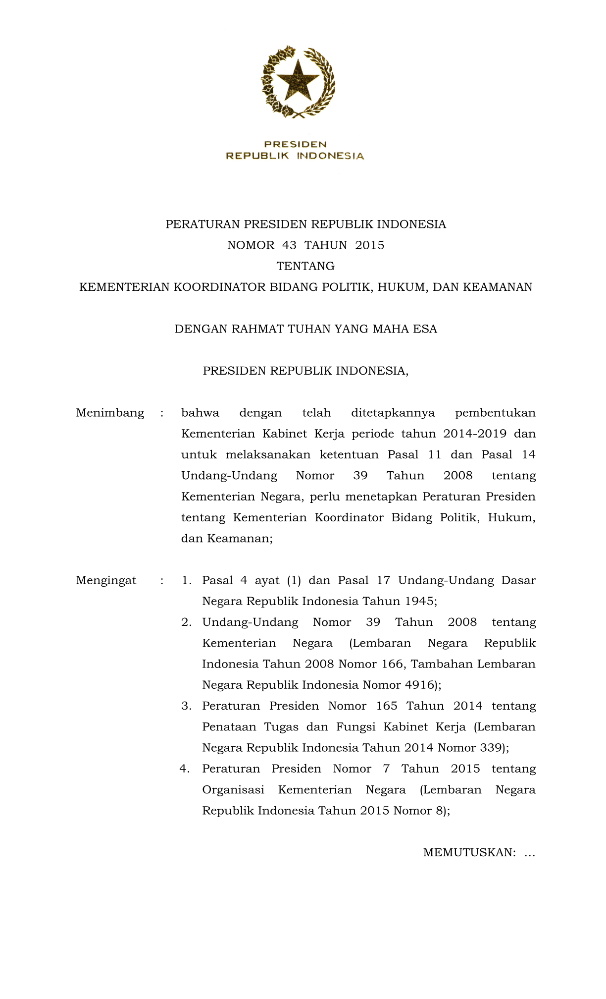 Peraturan Presiden Nomor 43 Tahun 2015