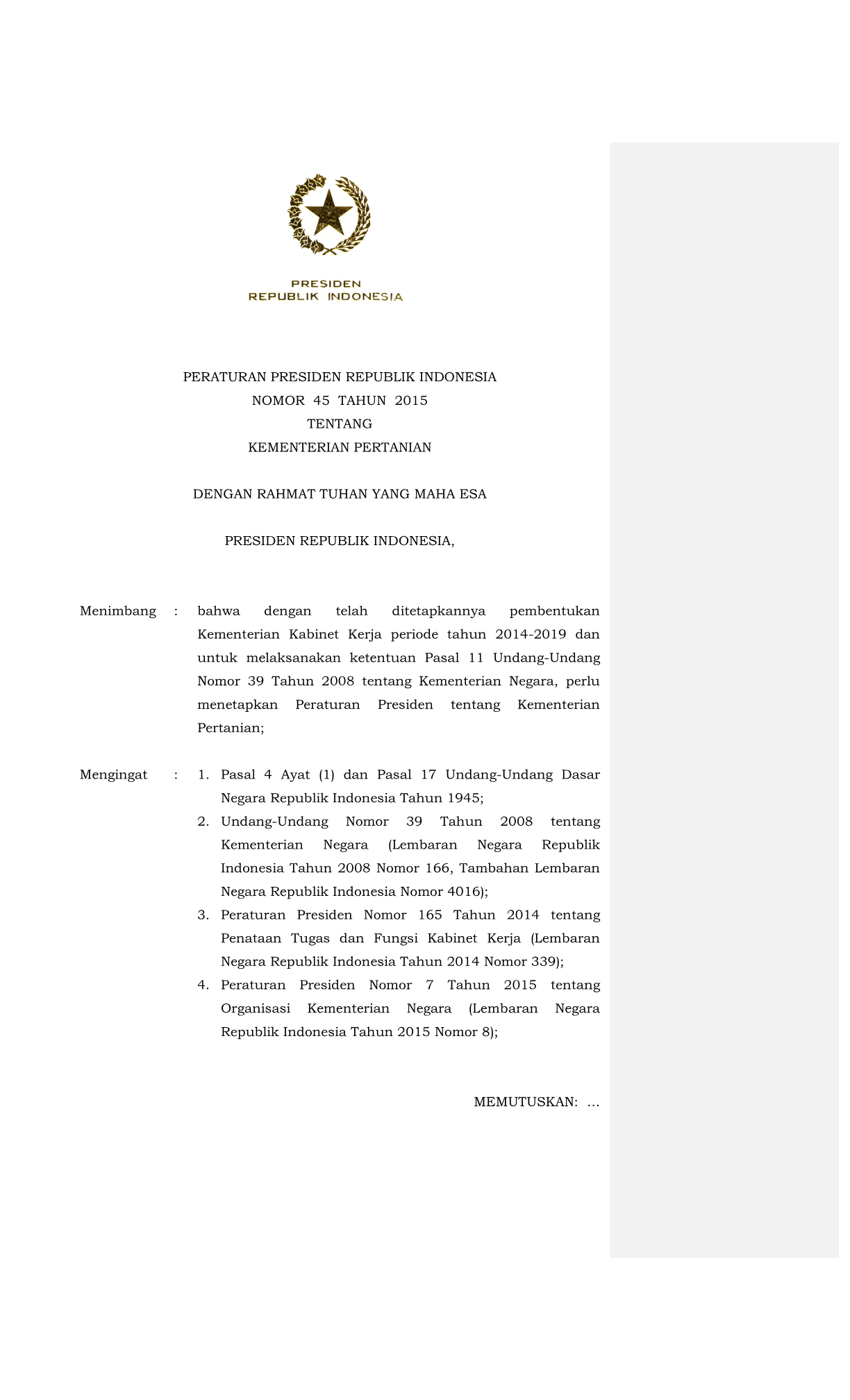 Peraturan Presiden Nomor 45 Tahun 2015
