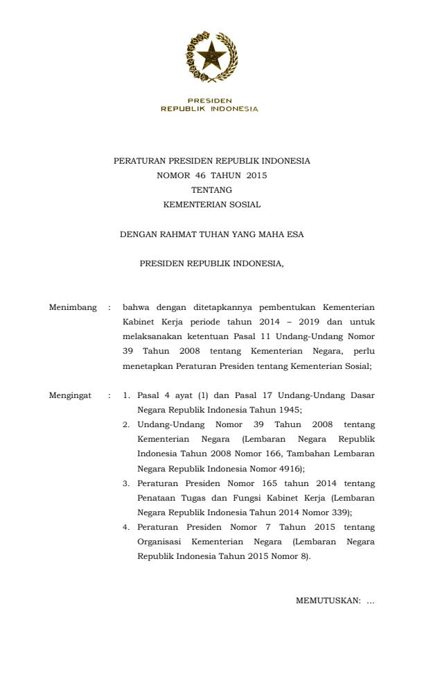 Peraturan Presiden Nomor 46 Tahun 2015