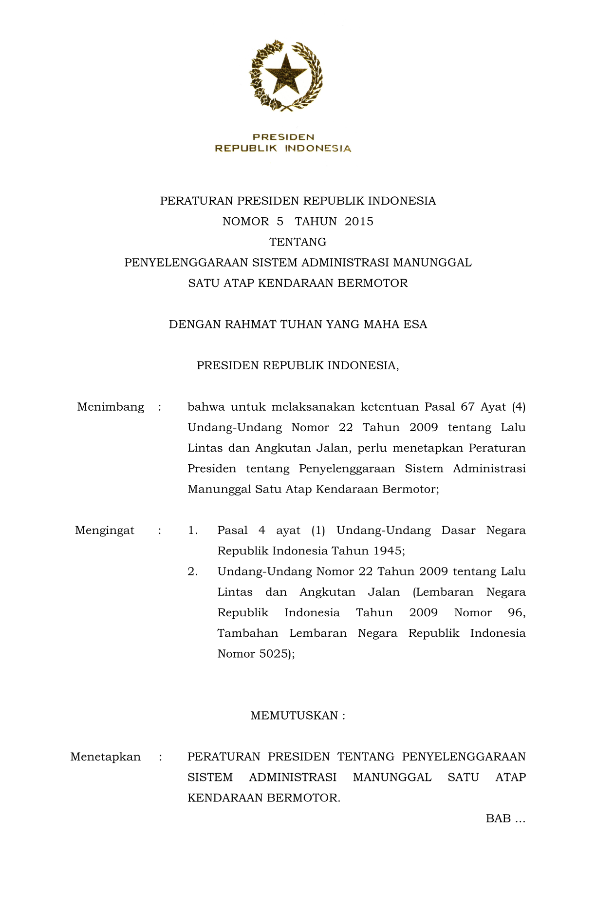 Peraturan Presiden Nomor 5 Tahun 2015