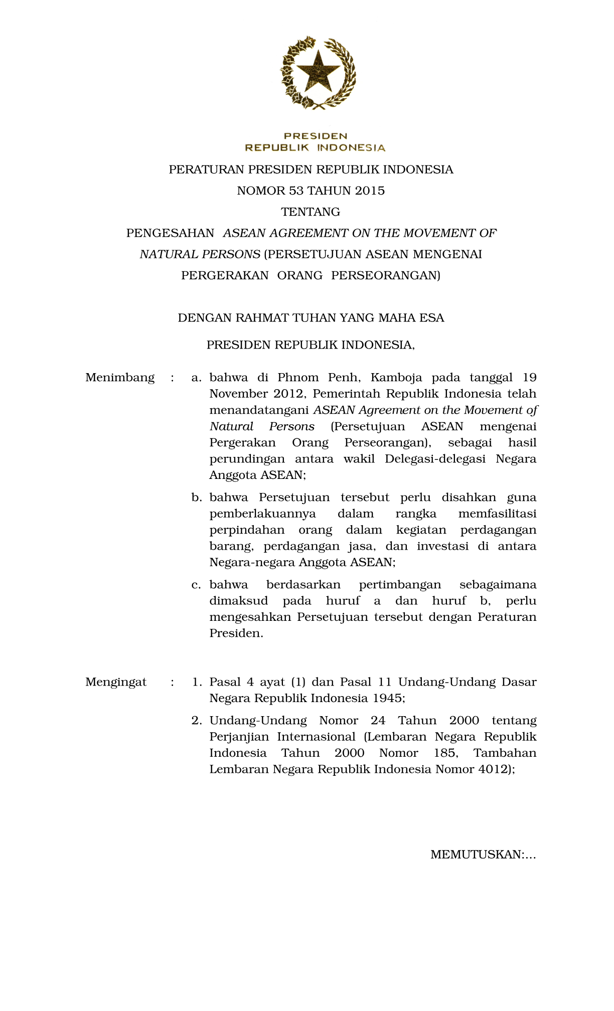 Peraturan Presiden Nomor 53 Tahun 2015