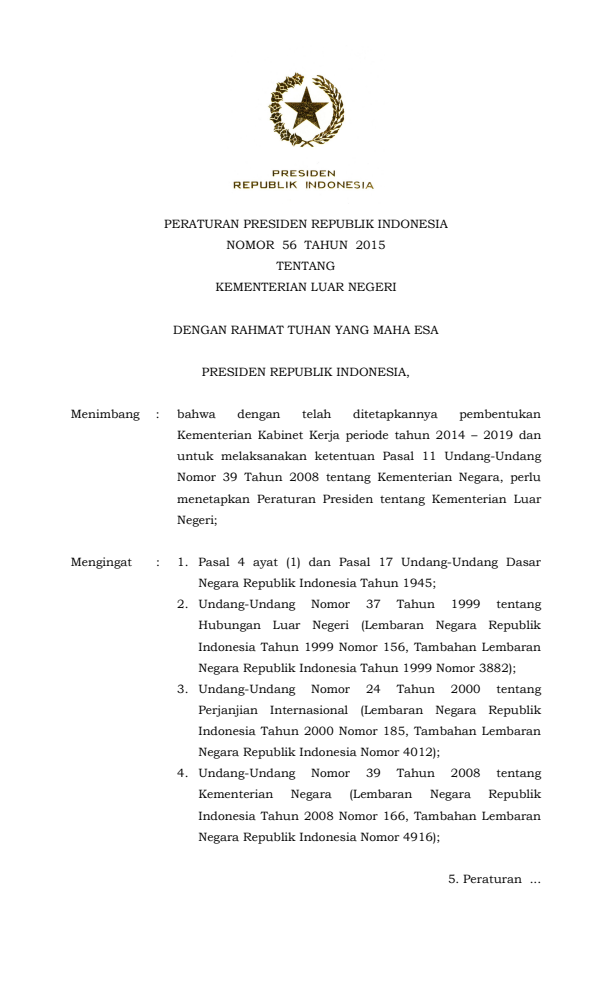 Peraturan Presiden Nomor 56 Tahun 2015