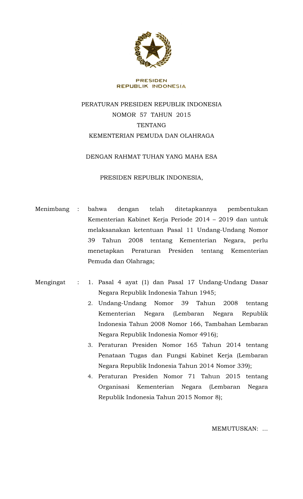 Peraturan Presiden Nomor 57 Tahun 2015