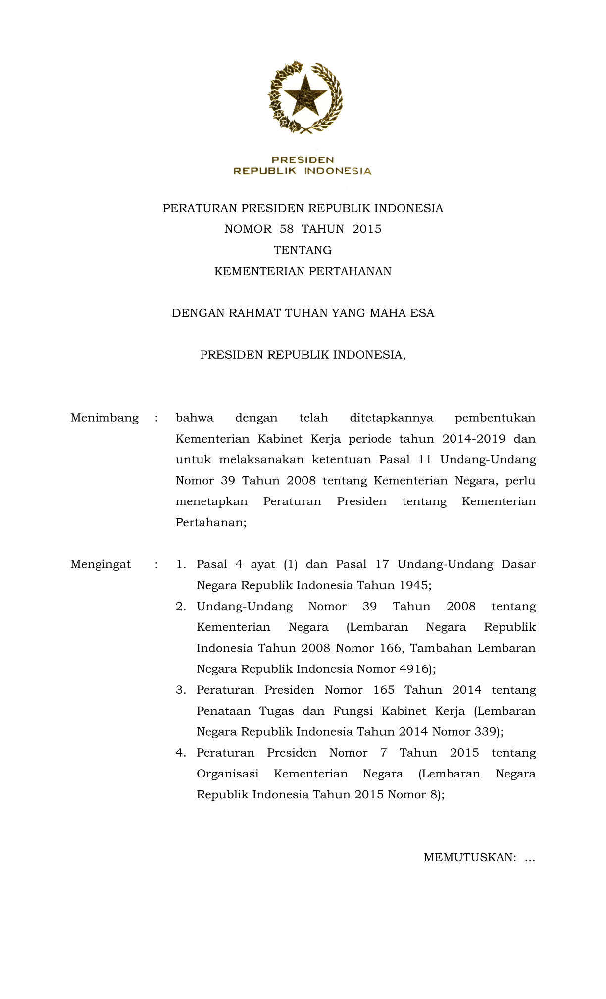 Peraturan Presiden Nomor 58 Tahun 2015