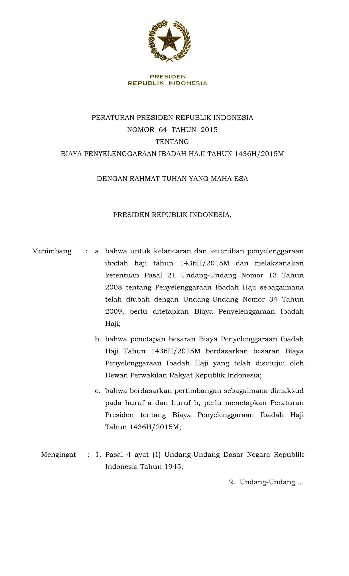 Peraturan Presiden Nomor 64 Tahun 2015