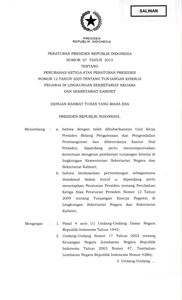 Peraturan Presiden Nomor 67 Tahun 2015