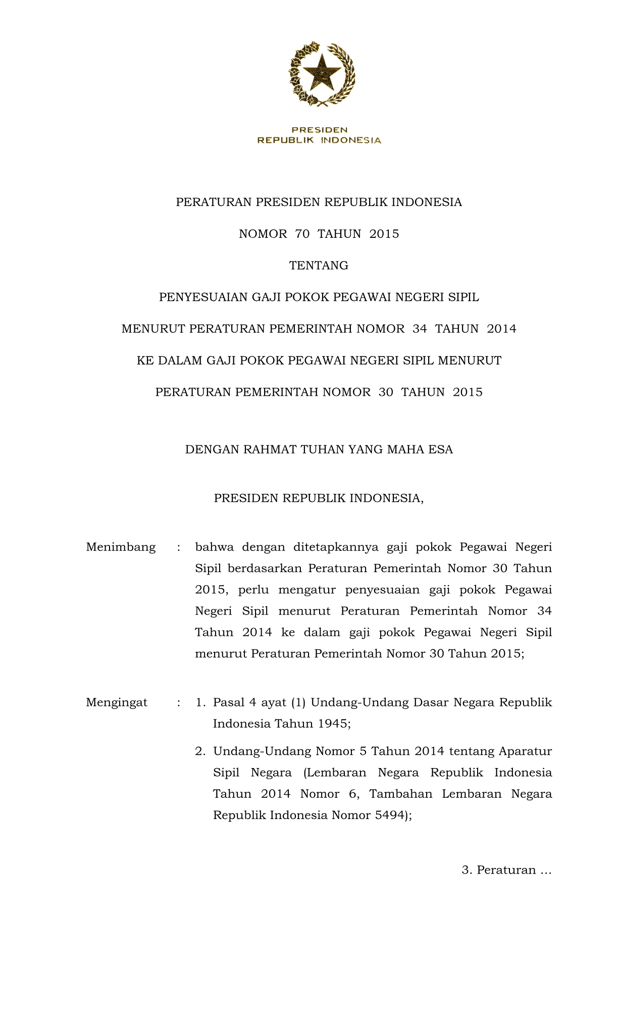 Peraturan Presiden Nomor 70 Tahun 2015