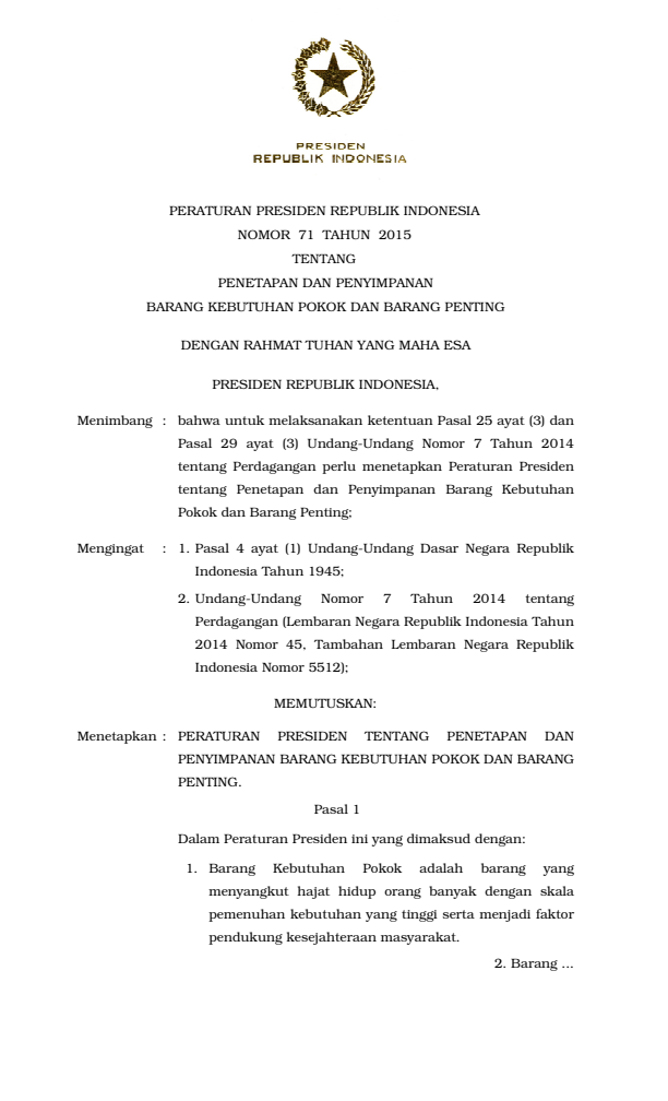 Peraturan Presiden Nomor 71 Tahun 2015