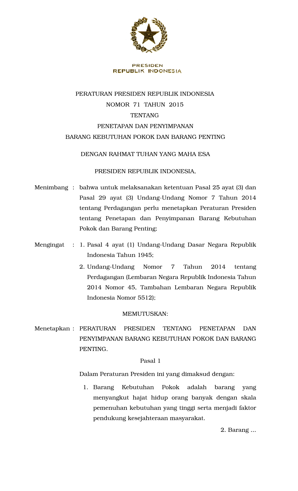 Peraturan Presiden Nomor 71 Tahun 2015