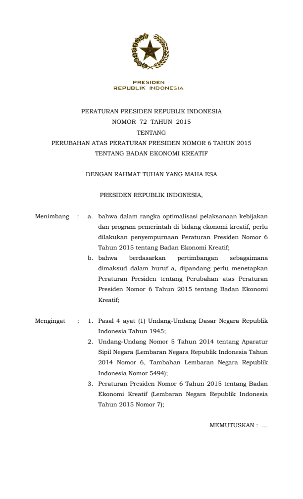 Peraturan Presiden Nomor 72 Tahun 2015