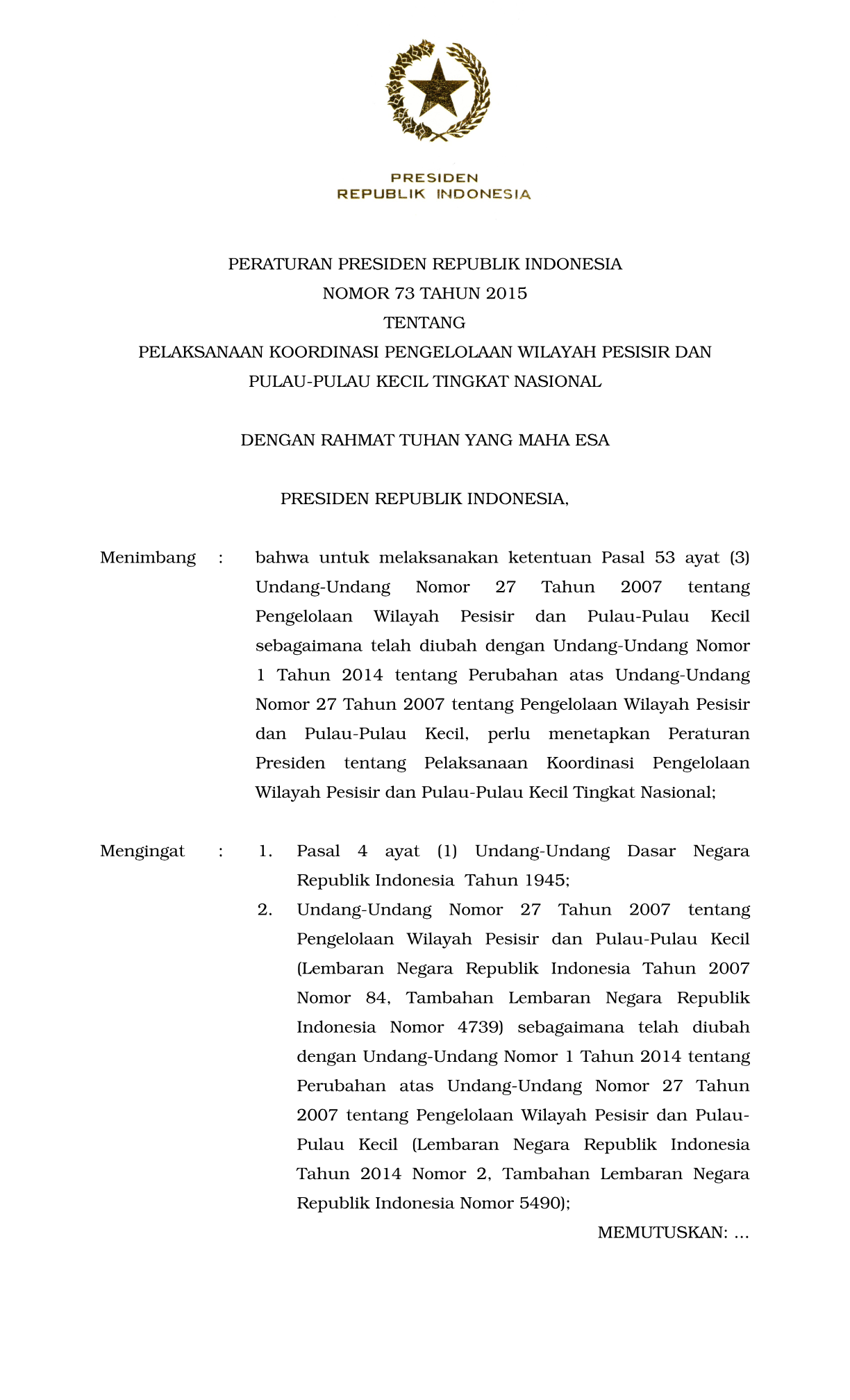 Peraturan Presiden Nomor 73 Tahun 2015