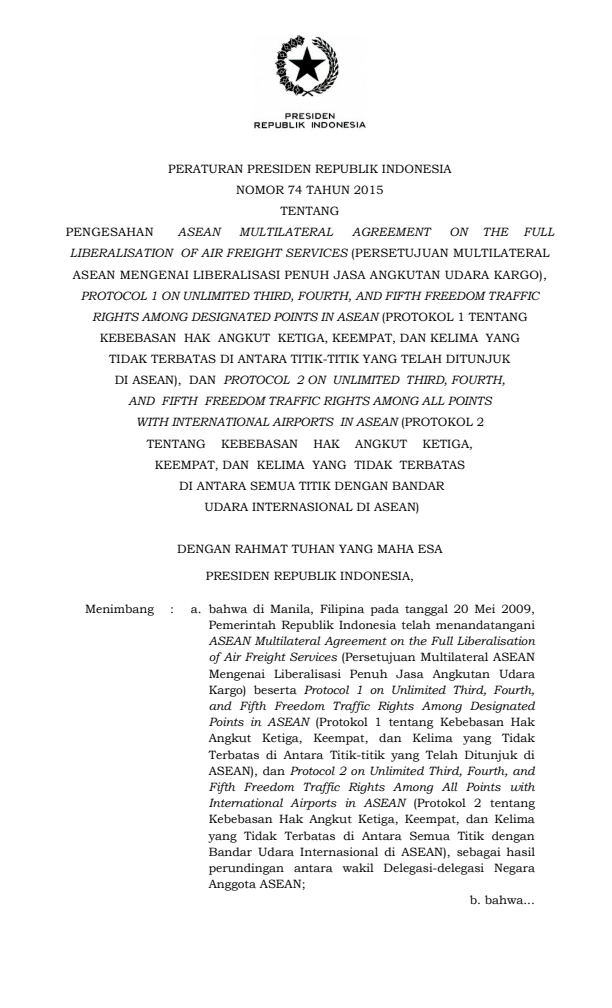 Peraturan Presiden Nomor 74 Tahun 2015