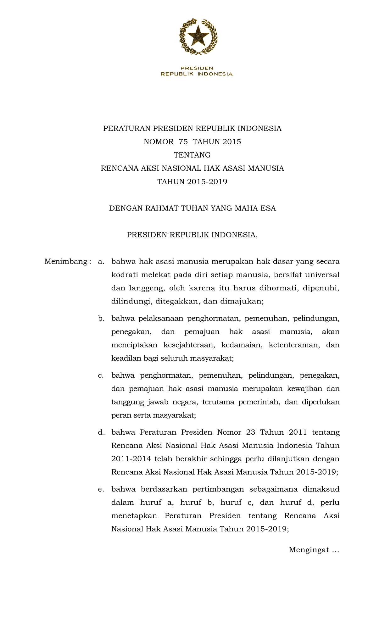 Peraturan Presiden Nomor 75 Tahun 2015