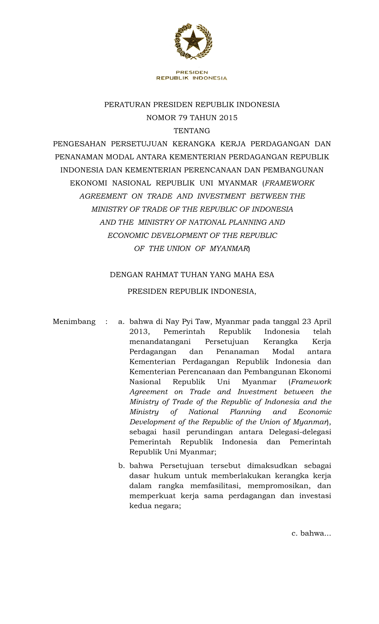 Peraturan Presiden Nomor 79 Tahun 2015