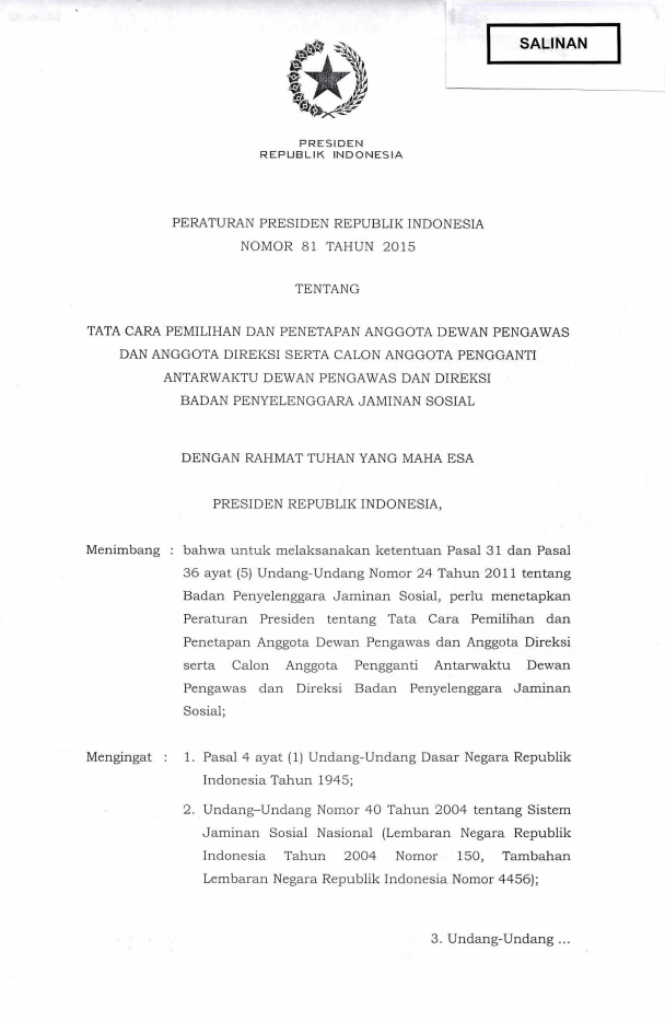 Peraturan Presiden Nomor 81 Tahun 2015