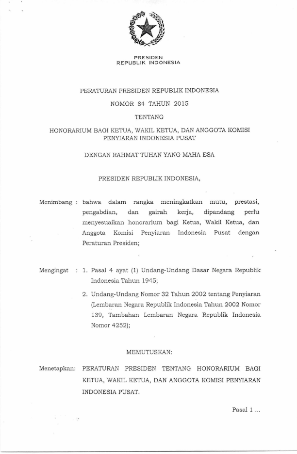 Peraturan Presiden Nomor 84 Tahun 2015