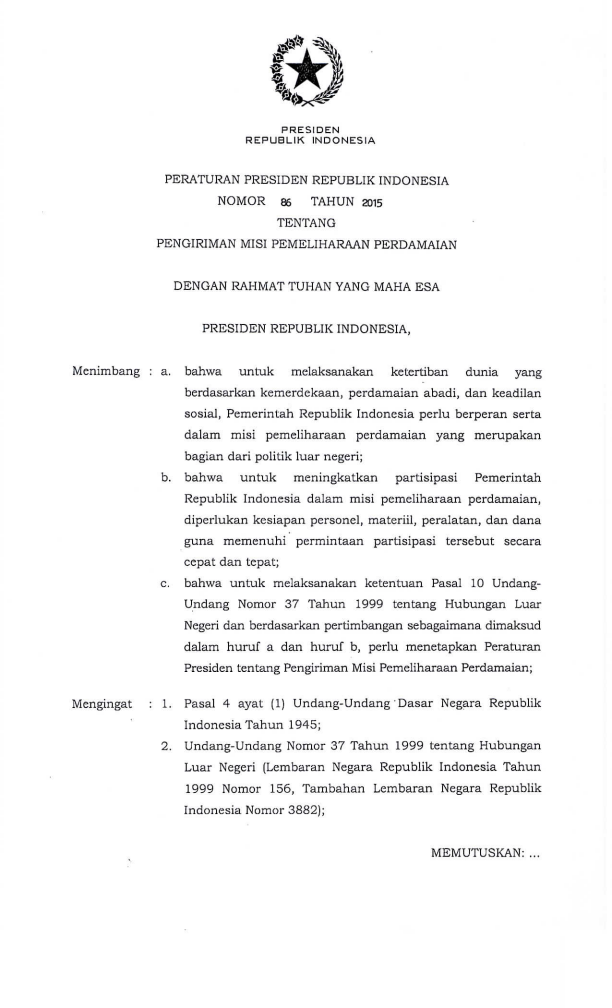 Peraturan Presiden Nomor 86 Tahun 2015