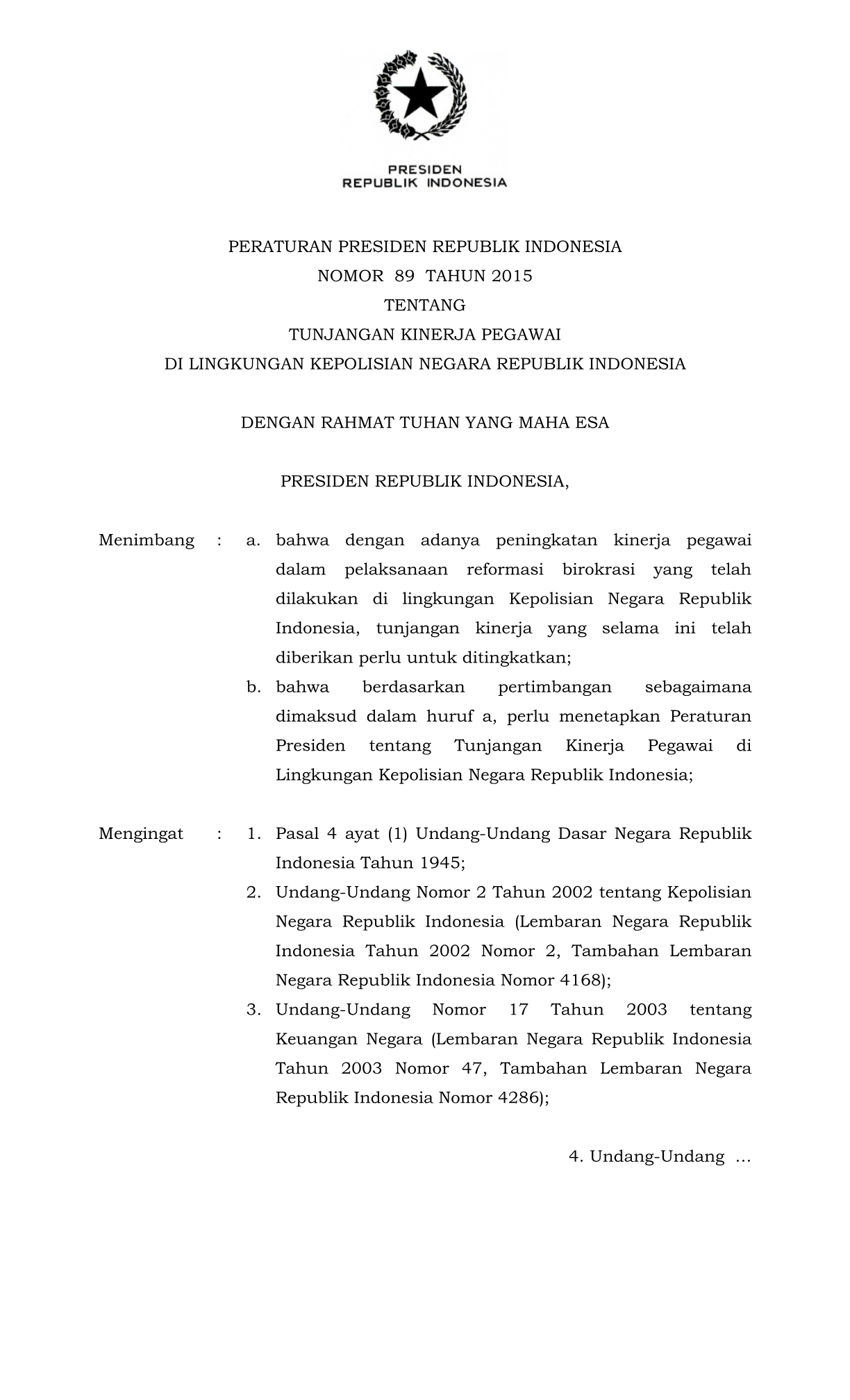 Peraturan Presiden Nomor 89 Tahun 2015