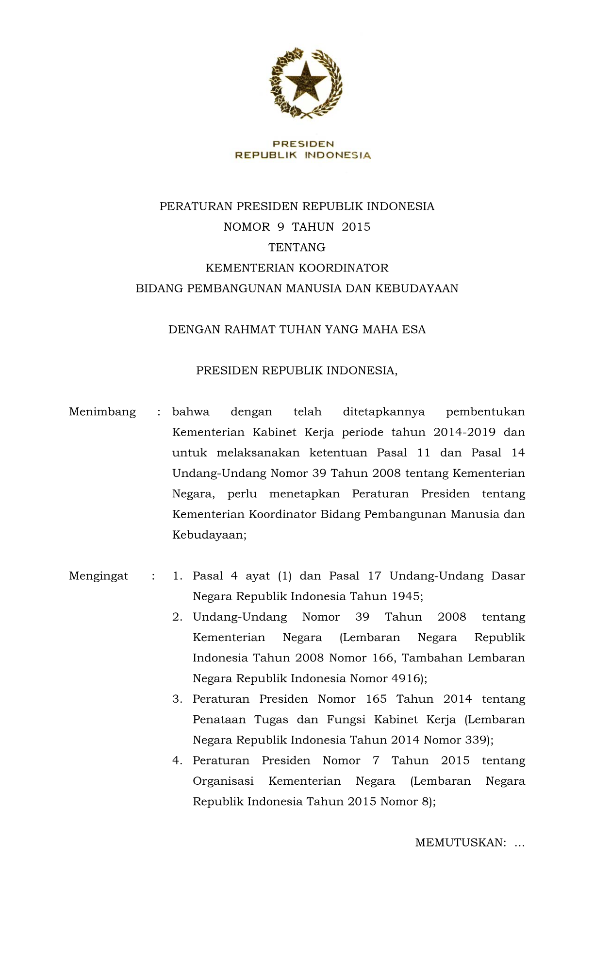 Peraturan Presiden Nomor 9 Tahun 2015