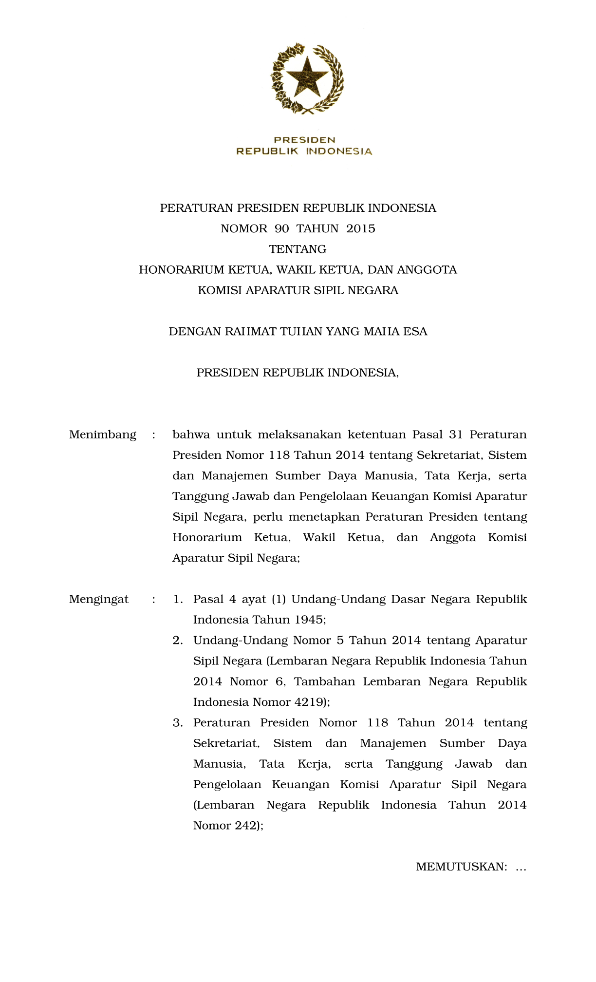 Peraturan Presiden Nomor 90 Tahun 2015