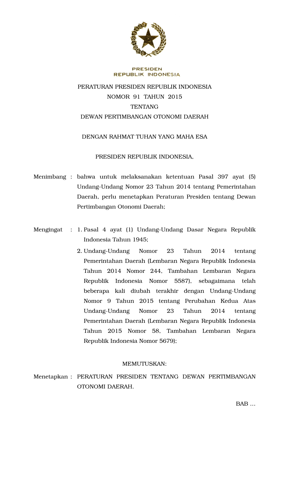 Peraturan Presiden Nomor 91 Tahun 2015