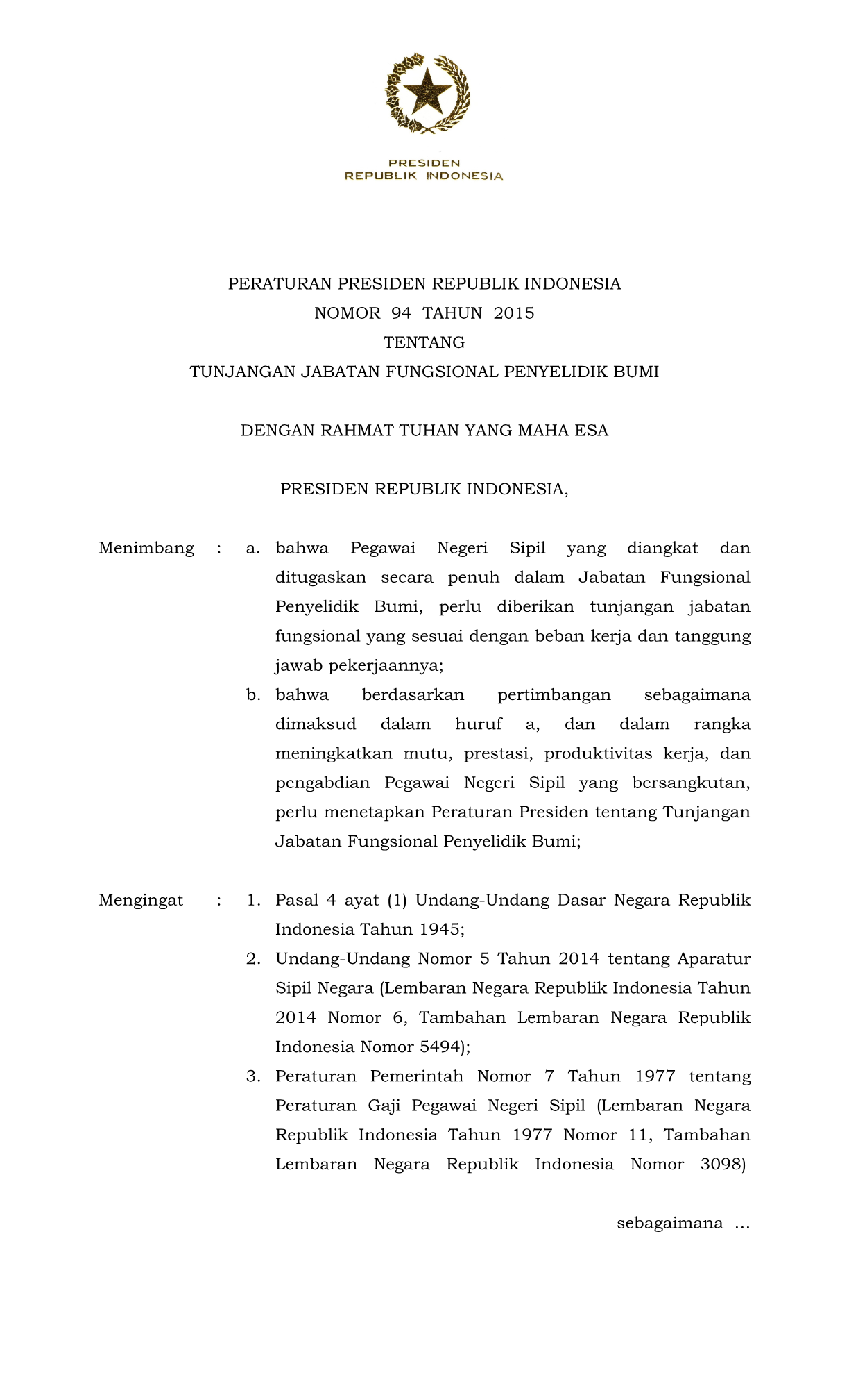 Peraturan Presiden Nomor 94 Tahun 2015