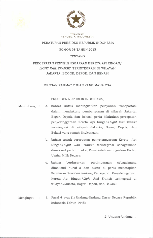 Peraturan Presiden Nomor 98 Tahun 2015