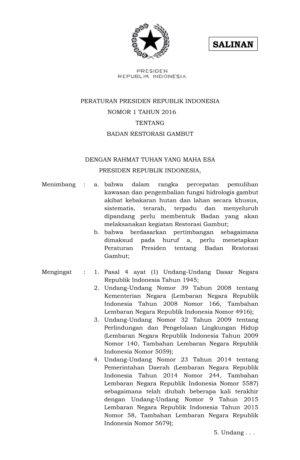 Peraturan Presiden Nomor 1 Tahun 2016