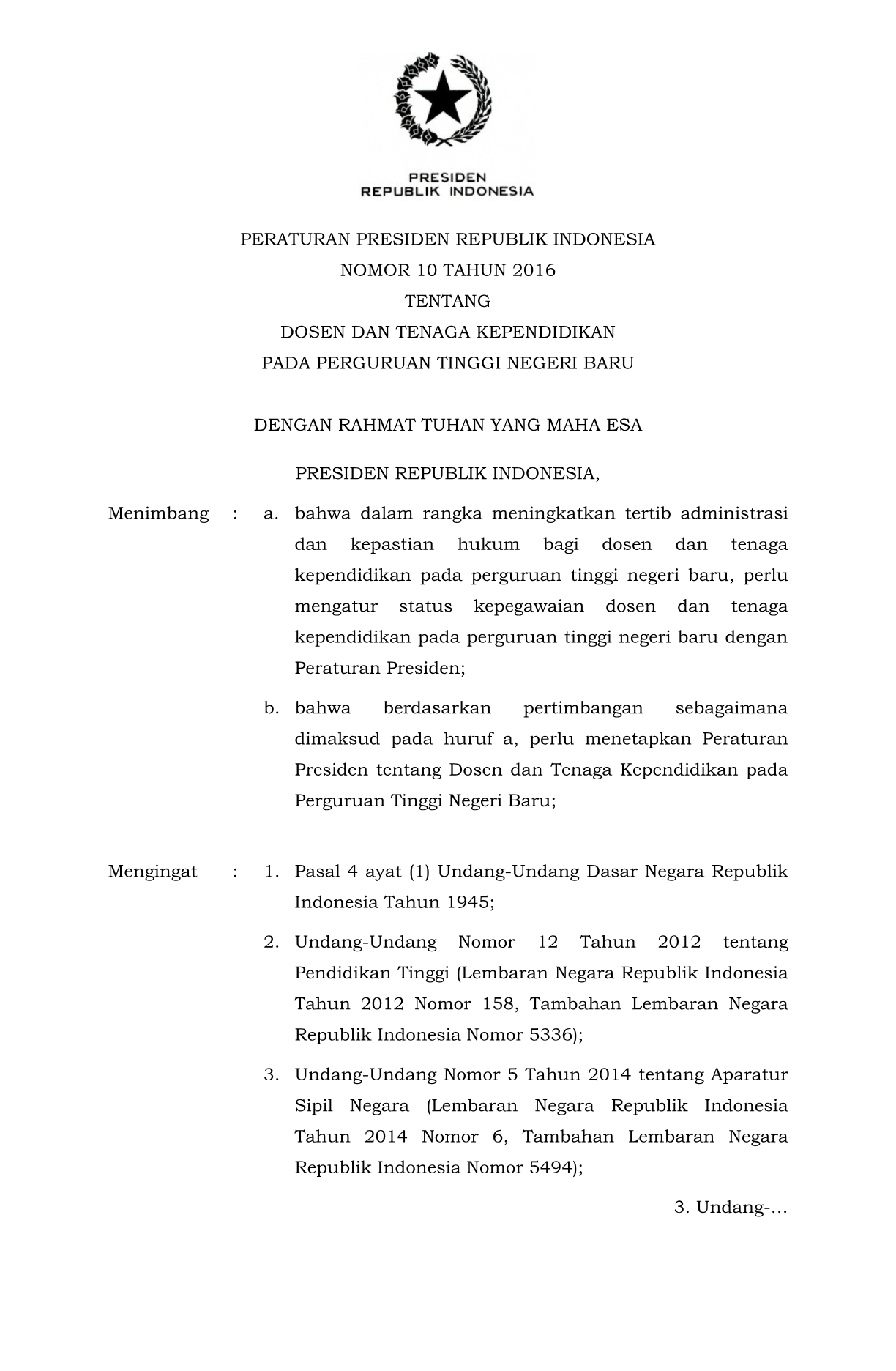Peraturan Presiden Nomor 10 Tahun 2016