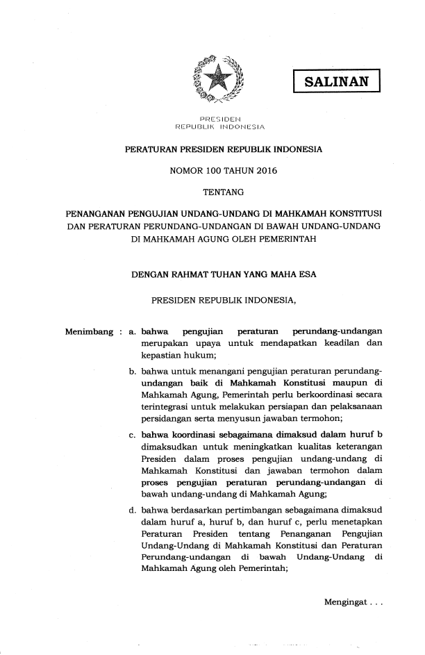 Peraturan Presiden Nomor 100 Tahun 2016