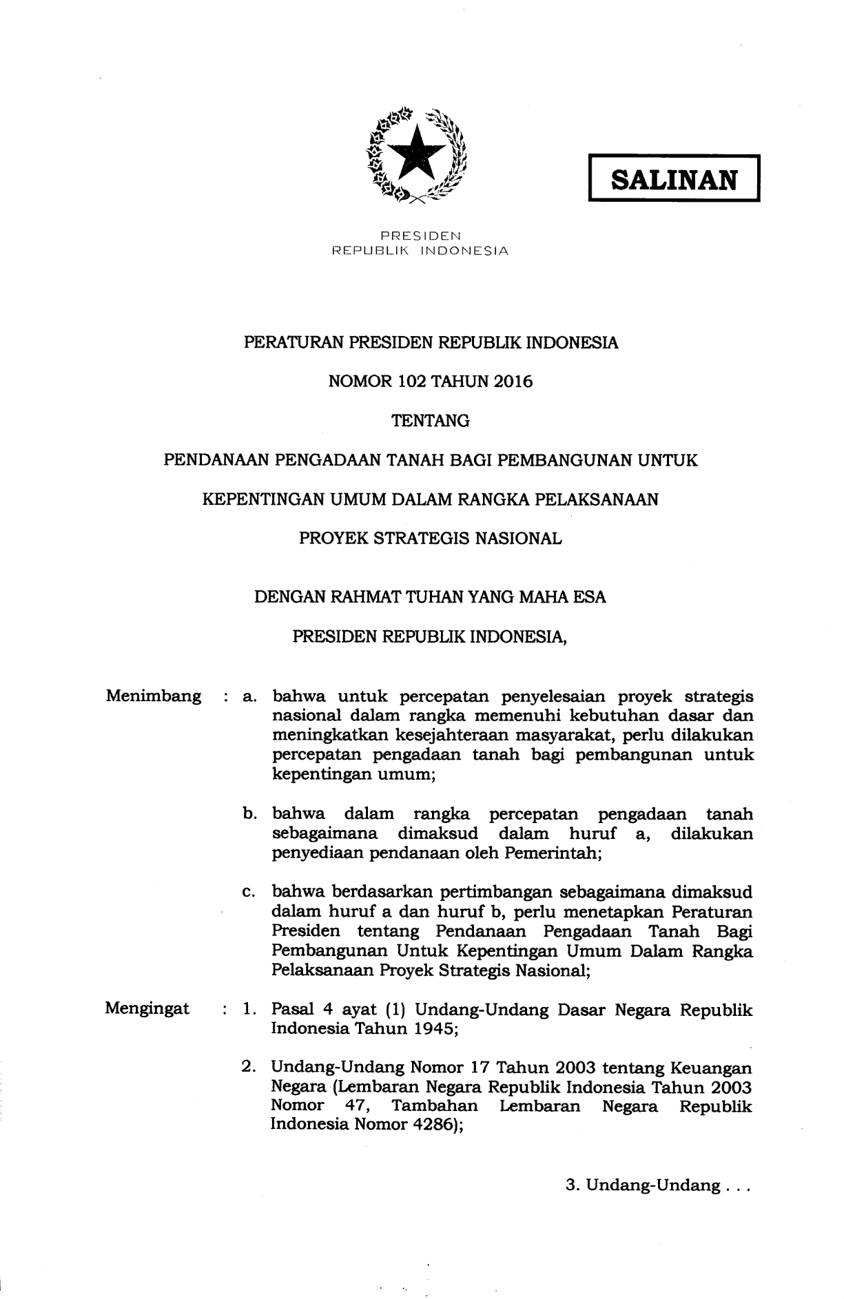 Peraturan Presiden Nomor 102 Tahun 2016