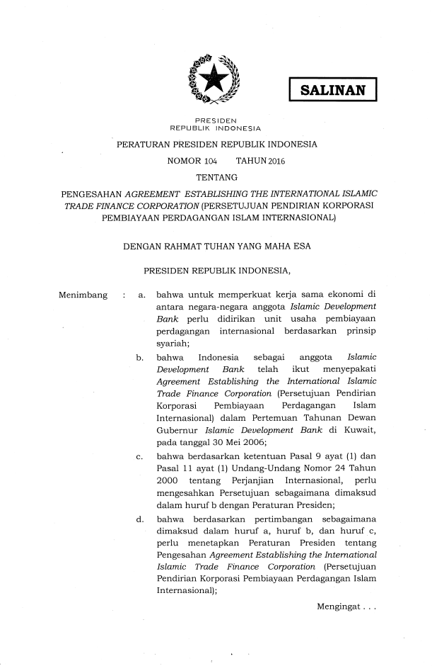 Peraturan Presiden Nomor 104 Tahun 2016