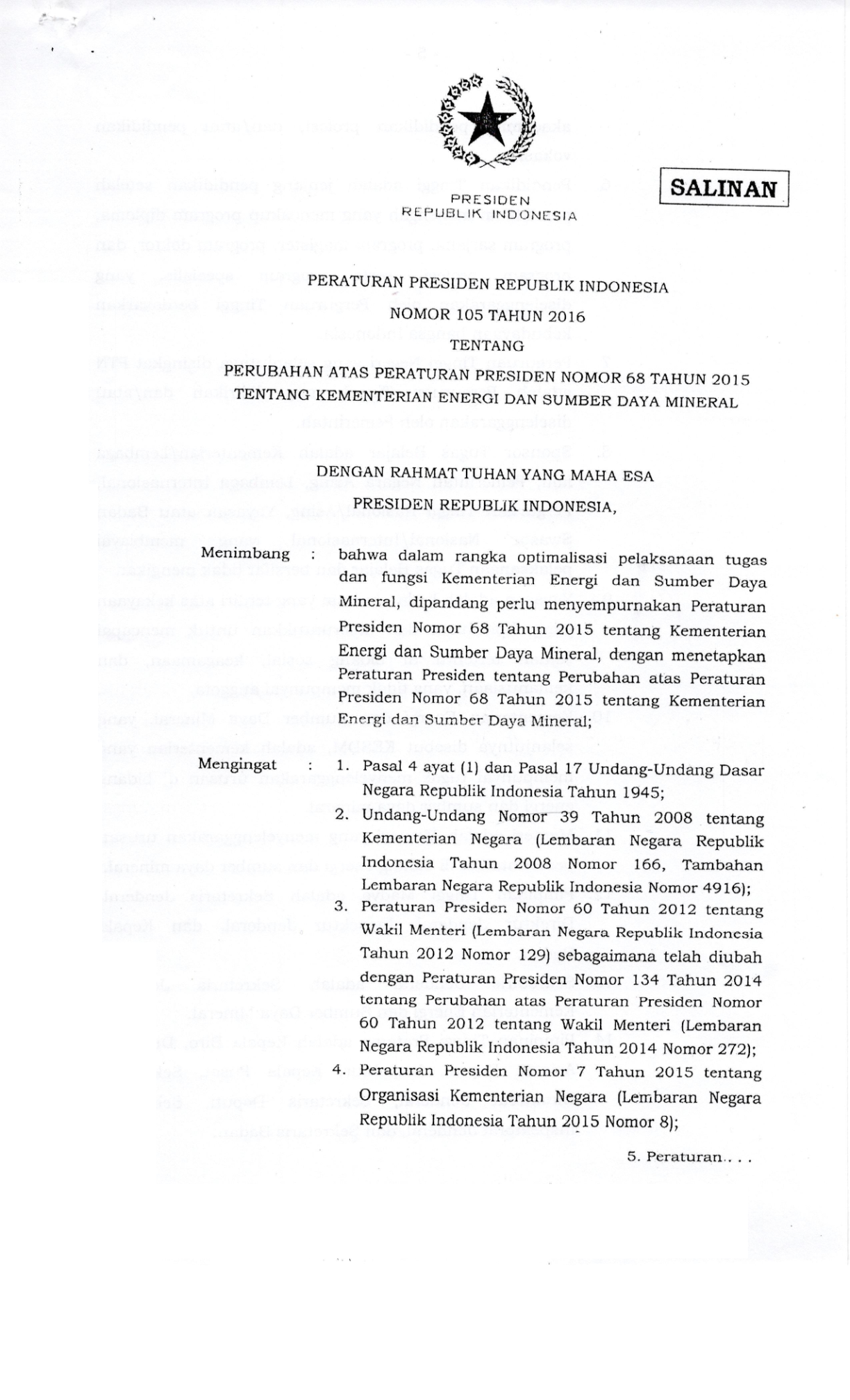 Peraturan Presiden Nomor 105 Tahun 2016