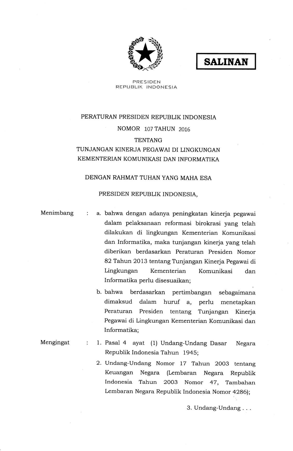 Peraturan Presiden Nomor 107 Tahun 2016