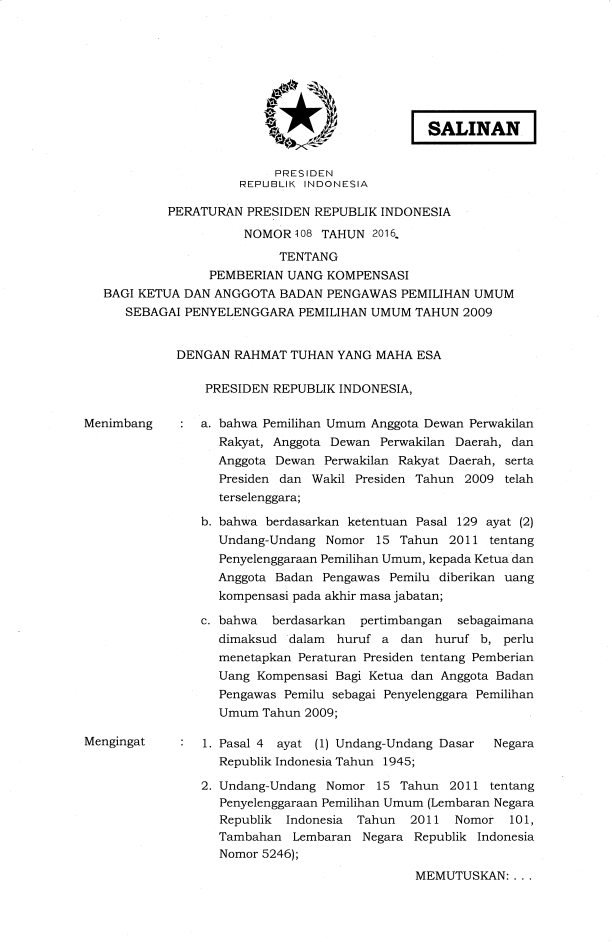 Peraturan Presiden Nomor 108 Tahun 2016