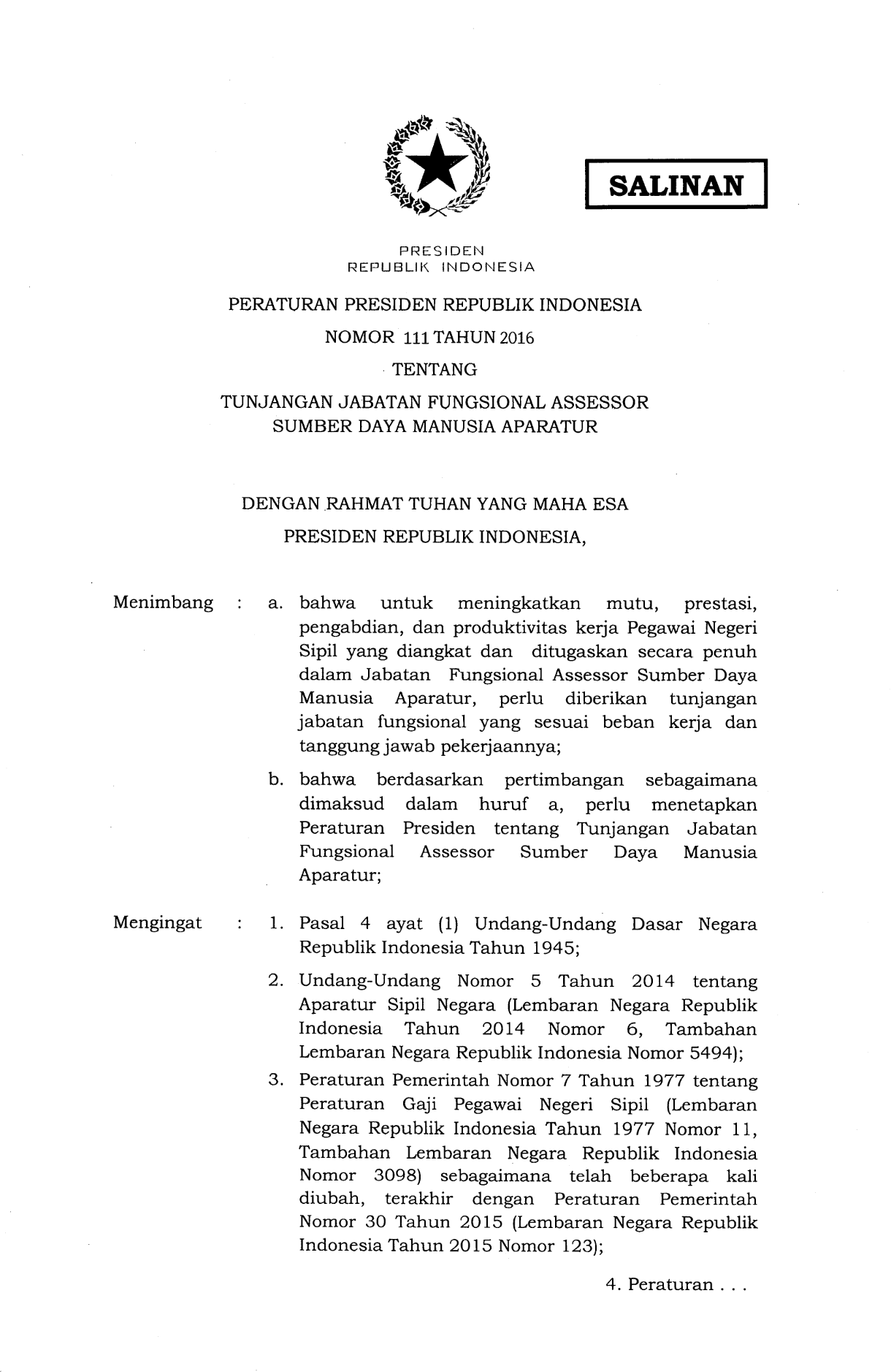 Peraturan Presiden Nomor 111 Tahun 2016