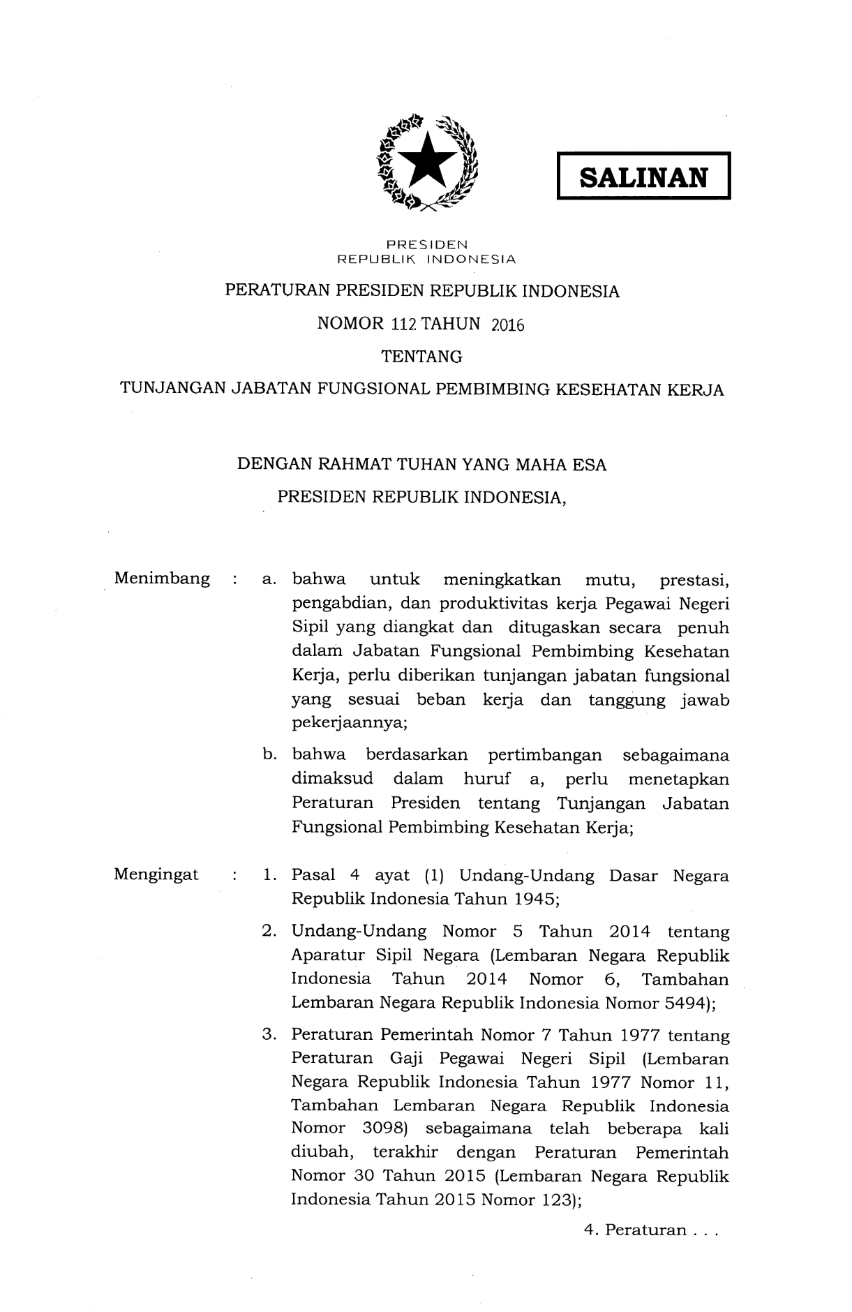 Peraturan Presiden Nomor 112 Tahun 2016