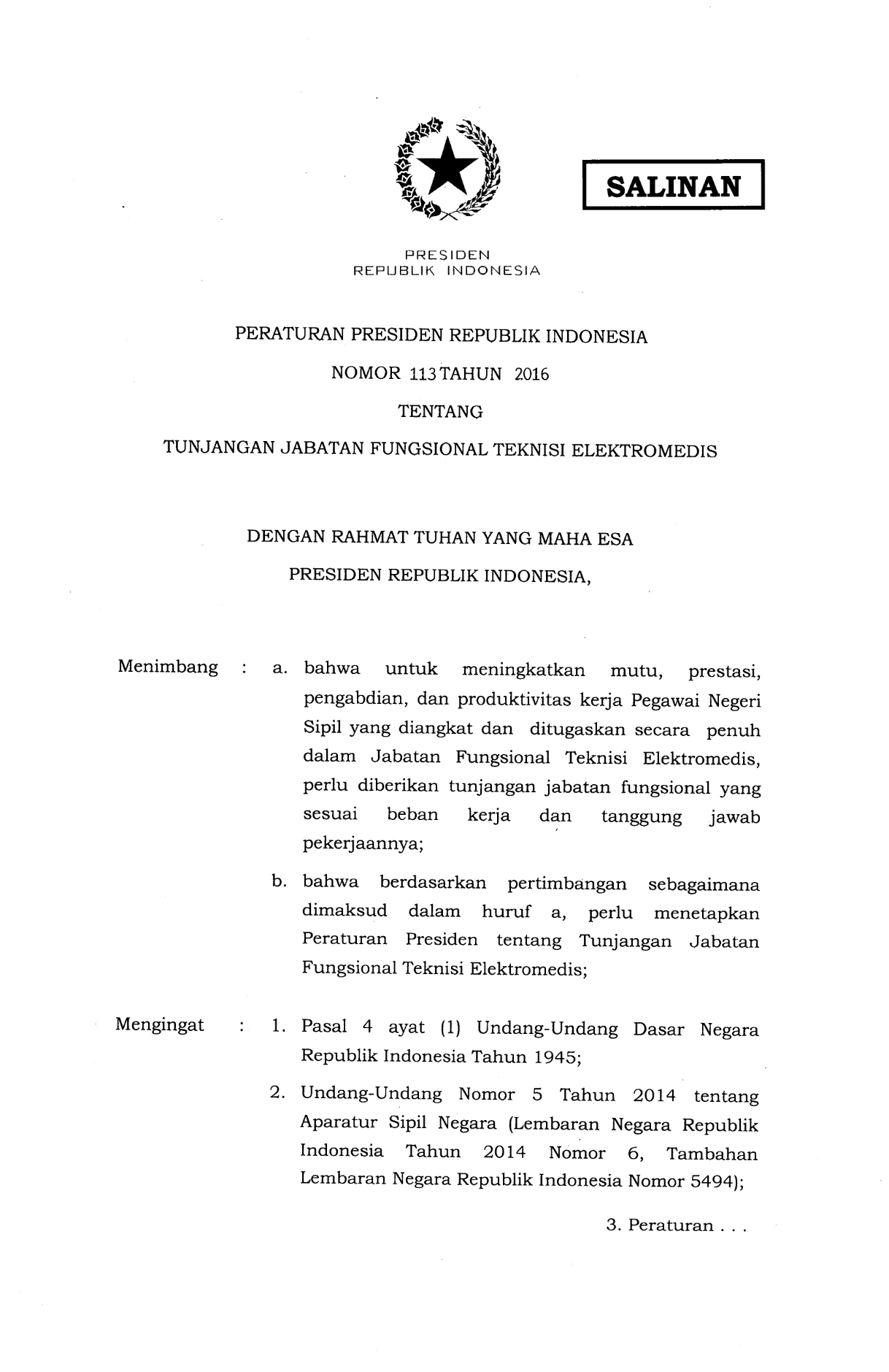 Peraturan Presiden Nomor 113 Tahun 2016