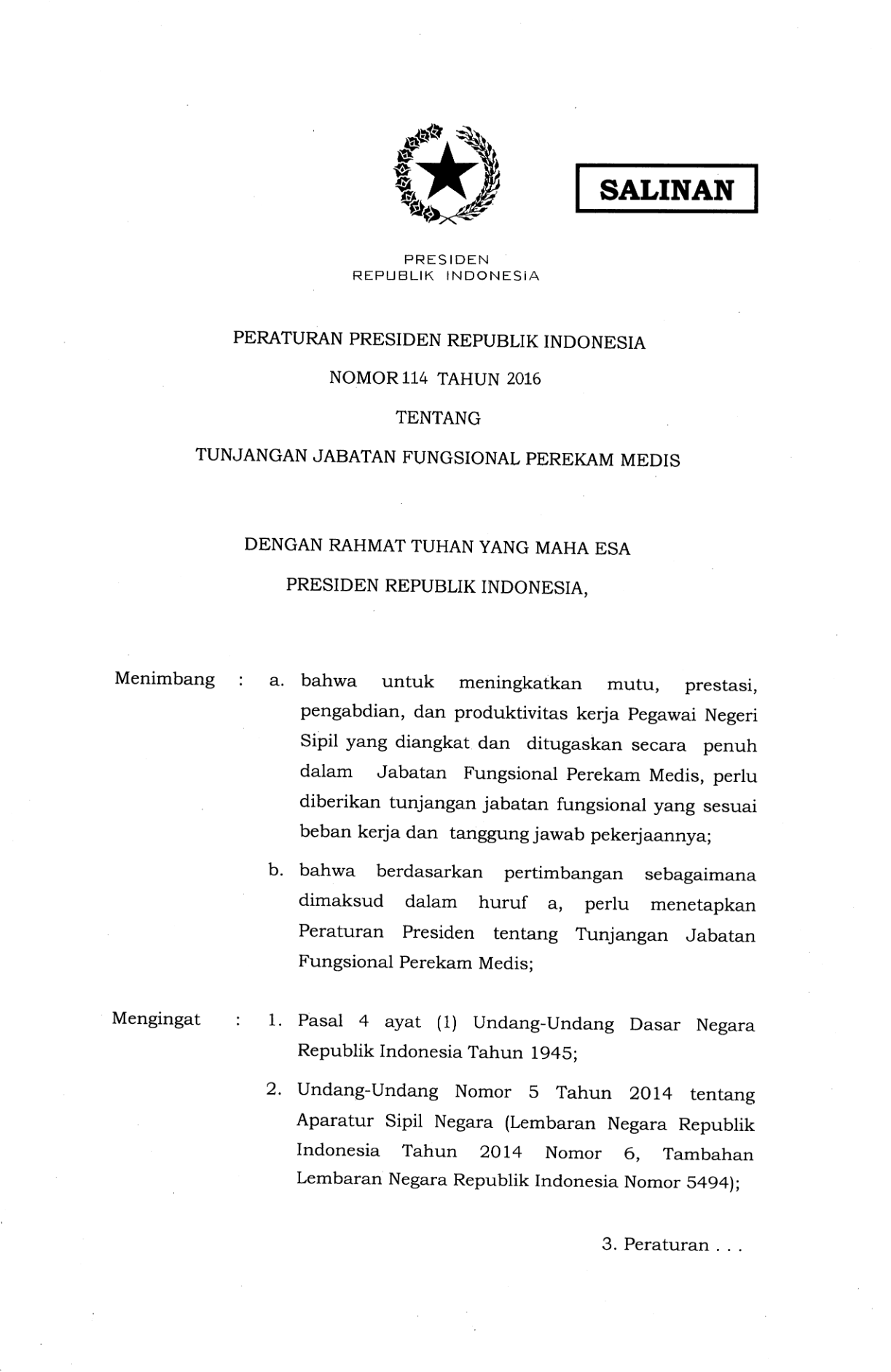 Peraturan Presiden Nomor 114 Tahun 2016