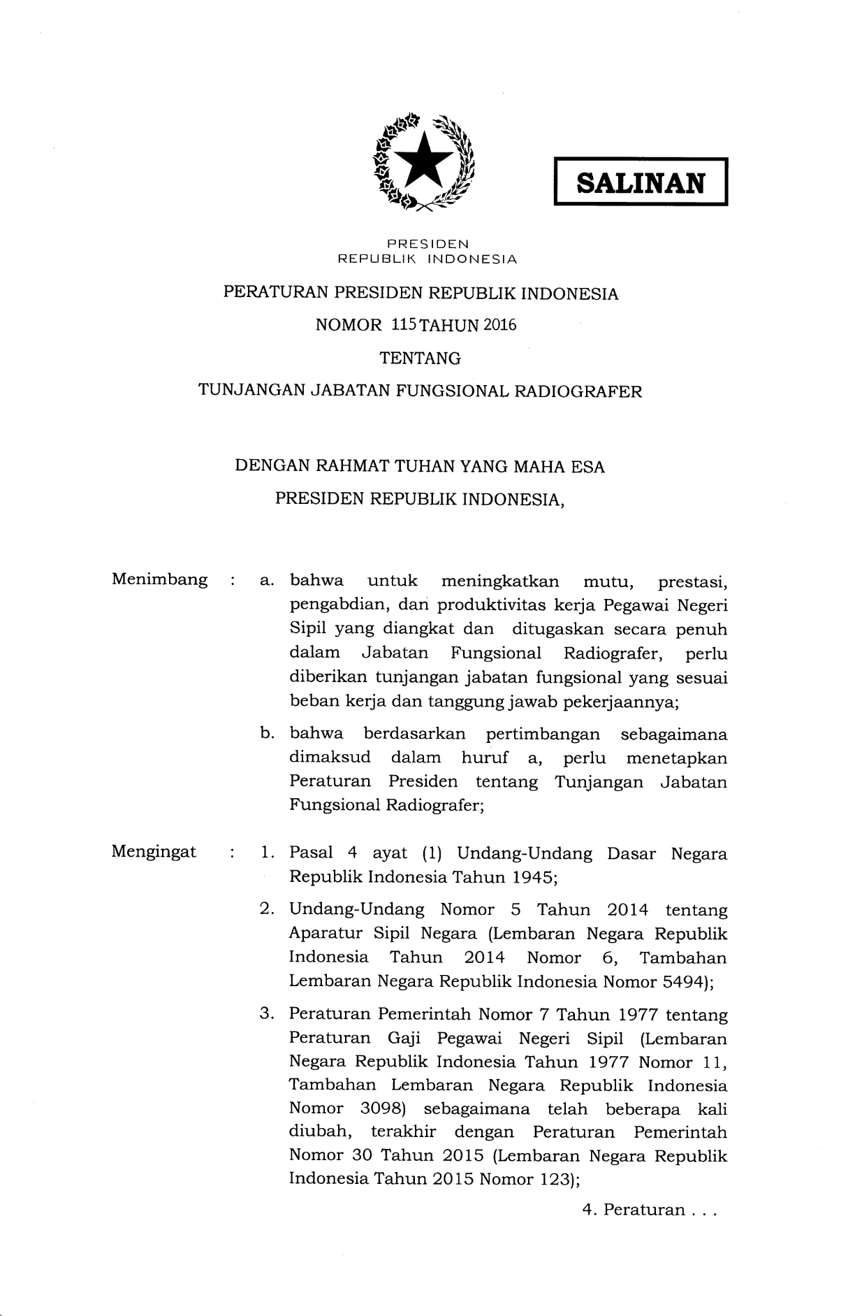 Peraturan Presiden Nomor 115 Tahun 2016