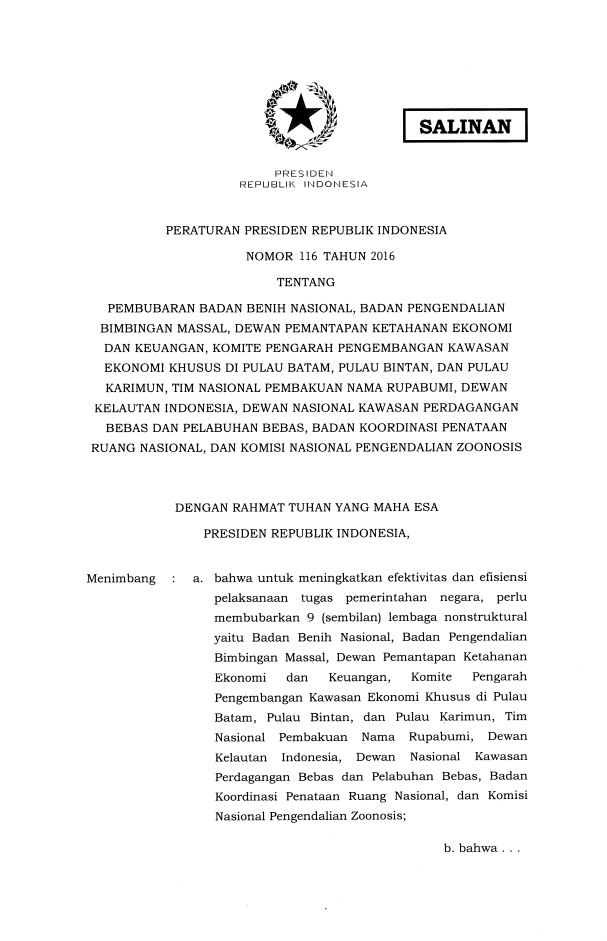Peraturan Presiden Nomor 116 Tahun 2016
