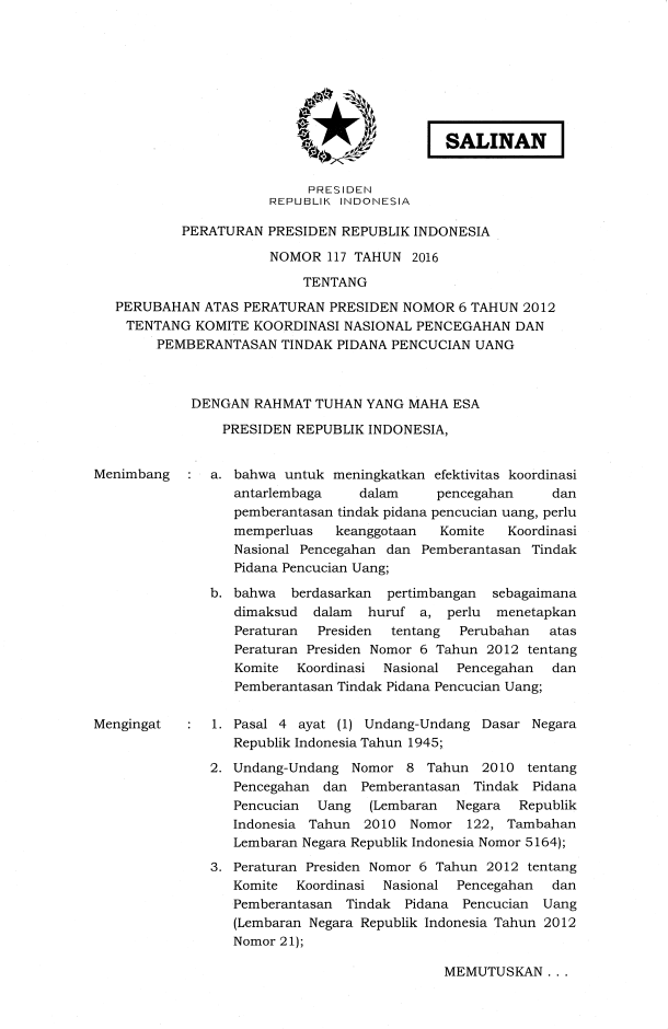 Peraturan Presiden Nomor 117 Tahun 2016