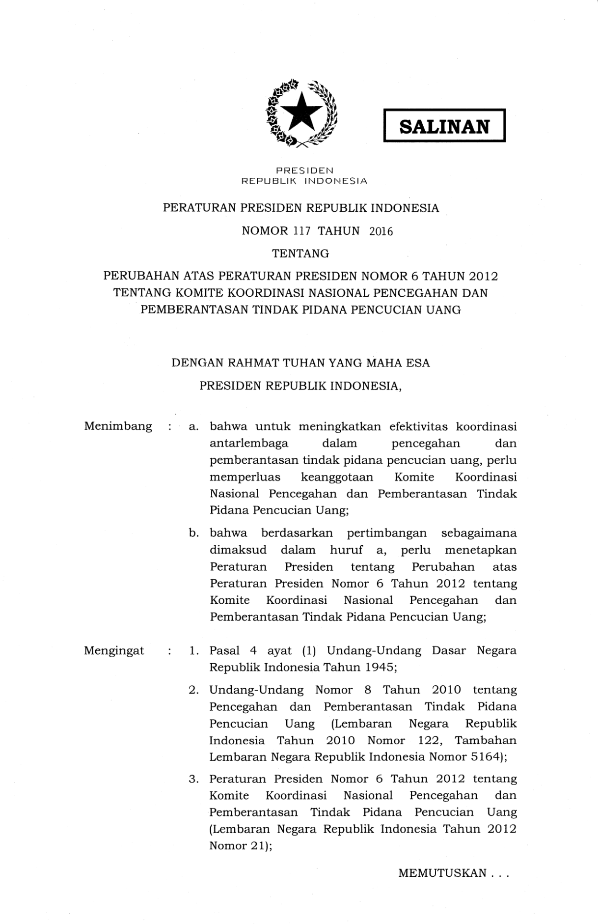 Peraturan Presiden Nomor 117 Tahun 2016