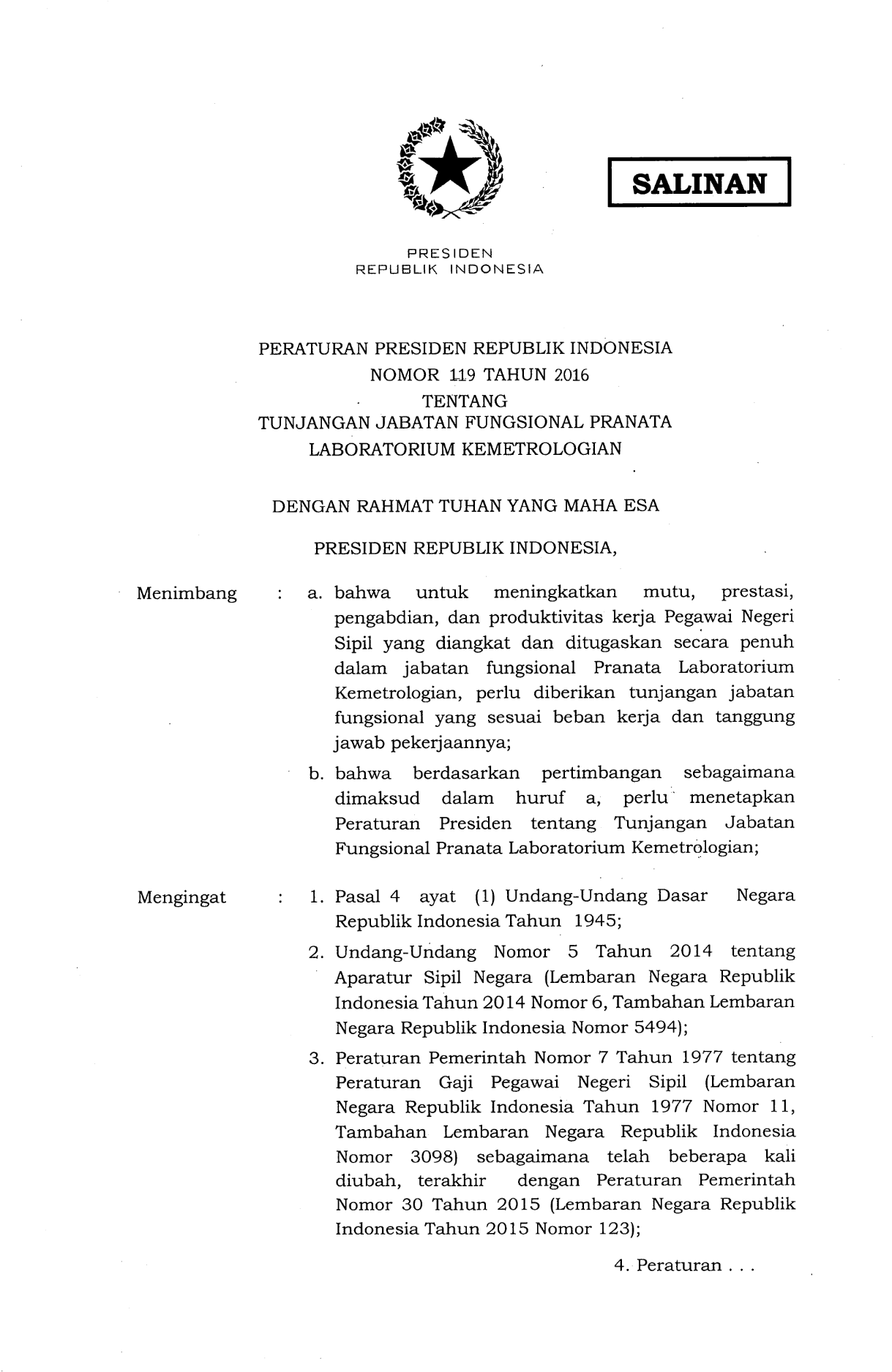 Peraturan Presiden Nomor 119 Tahun 2016