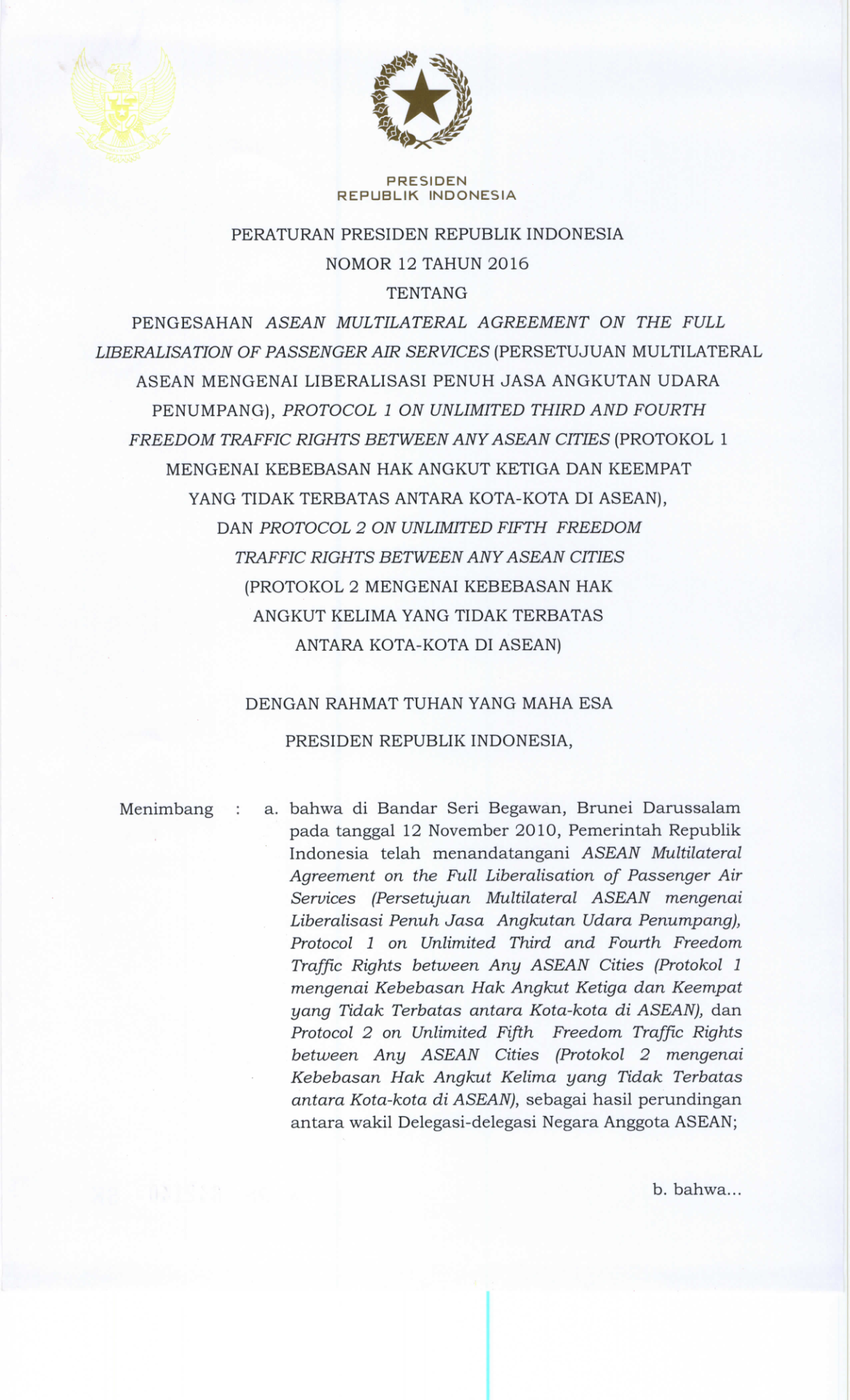 Peraturan Presiden Nomor 12 Tahun 2016